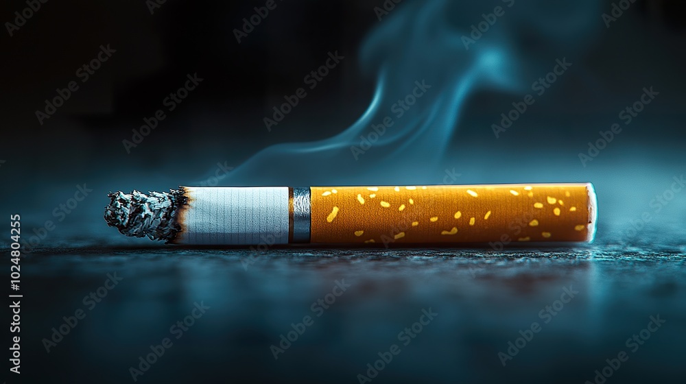 Obraz premium A complete view of a single cigarette, showcasing its unlit form and the texture of the paper and filter, isolated on a dark background for a clear and dramatic presentation