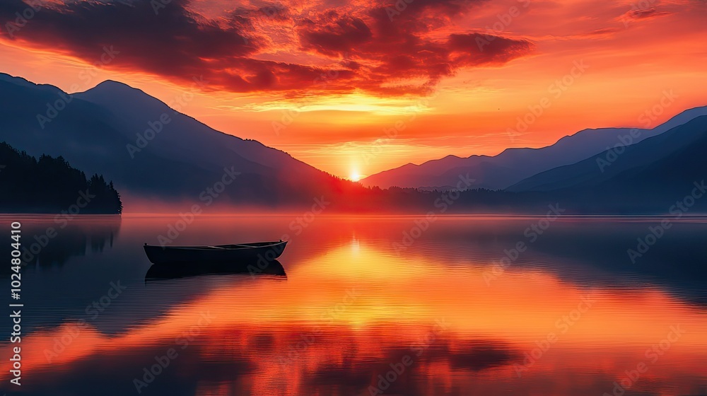 A stunning sunset over a mountain lake, with a silhouette of a small boat gently bobbing in the water, reflecting the warm colors of the sky and creating a romantic and tranquil scene. A stunning sunset over a mountain lake, with a silhouette of a small boat gently bobbing in the water, reflecting the warm colors of the sky and creating a romantic and tranquil scene.