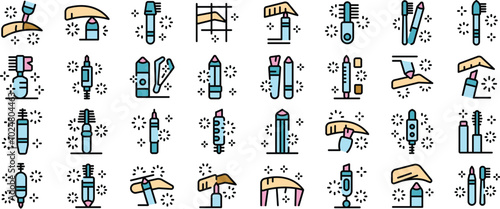 Set of icons depicting different tools used by beauticians for eyebrow tattooing and shaping