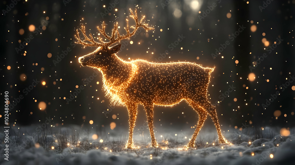 A glowing deer illuminated by sparkling lights in a snowy forest. A glowing deer illuminated by sparkling lights in a snowy forest.