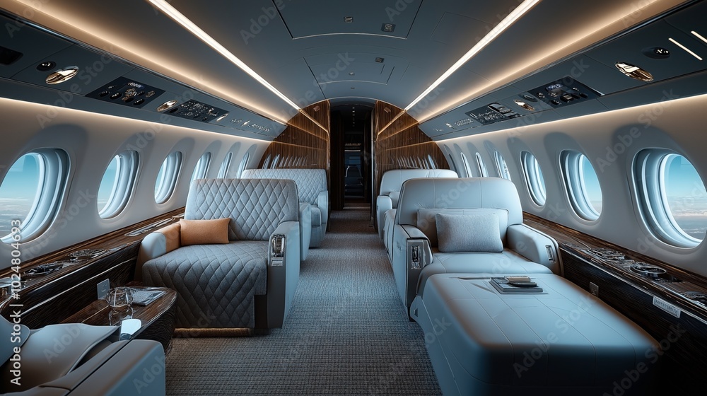 Luxurious private jet interior with premium leather seats, plush carpeting, and modern lighting, featuring large windows and elegant wooden accents. Luxurious private jet interior with premium leather seats, plush carpeting, and modern lighting, featuring large windows and elegant wooden accents.