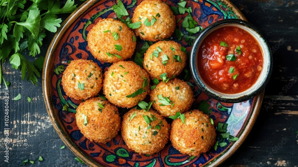 A stunning top view of golden-brown arancini rice balls arranged on a vibrant plate, garnished with fresh herbs and served with a side of marinara sauce, capturing the essence of Italian cuisine. A stunning top view of golden-brown arancini rice balls arranged on a vibrant plate, garnished with fresh herbs and served with a side of marinara sauce, capturing the essence of Italian cuisine.