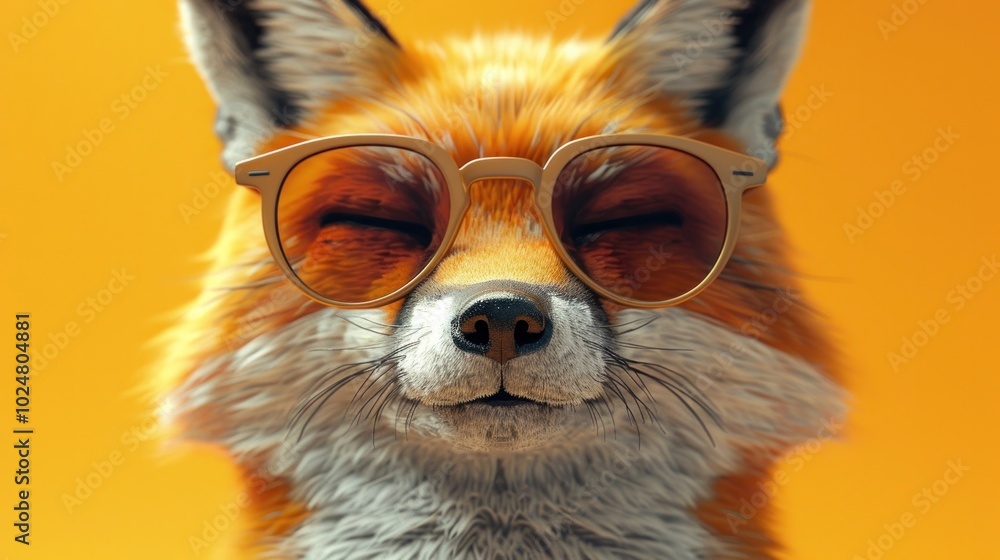 Closeup portrait of a mischievous and playful fox wearing a pair of stylish sunglasses in a natural warm toned outdoor setting The fluffy orange colored animal has a charming Closeup portrait of a mischievous and playful fox wearing a pair of stylish sunglasses in a natural warm toned outdoor setting The fluffy orange colored animal has a charming