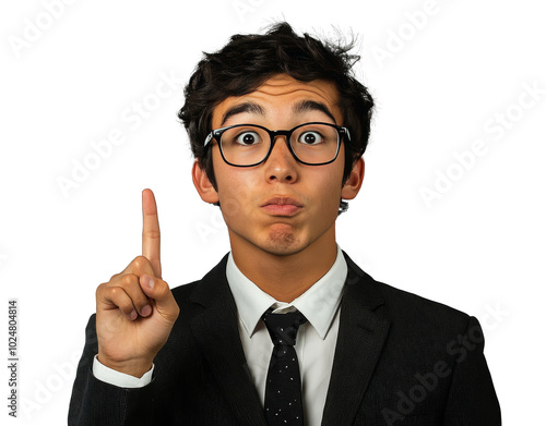 Young man in a black suit gestures confidently while pointing upwards in a ne...