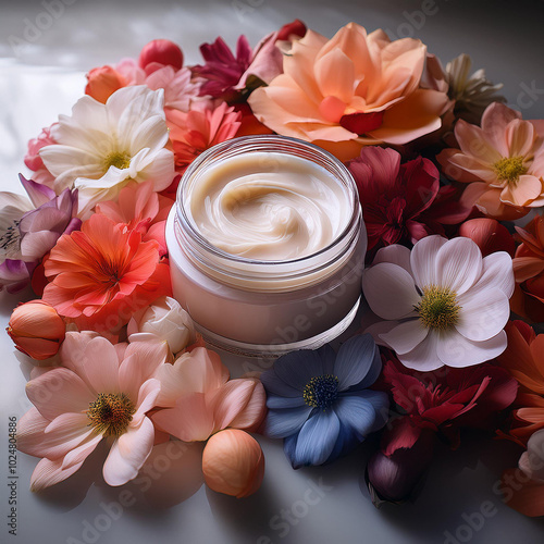 Ethereal Cream Jar Surrounded by Flowers