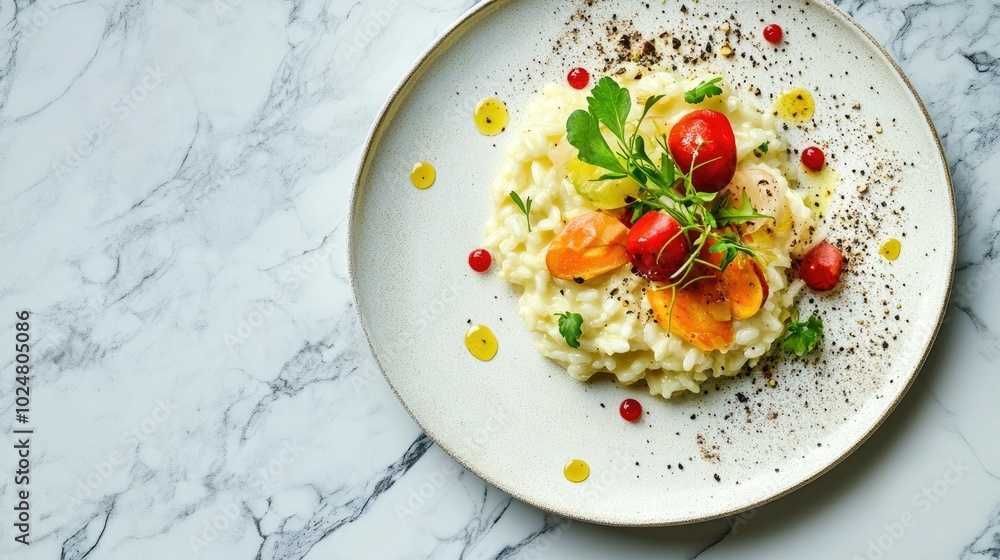 A stylish plate of risotto featuring seasonal vegetables, beautifully arranged on a marble surface, with plenty of copy space for culinary descriptions or promotional content. A stylish plate of risotto featuring seasonal vegetables, beautifully arranged on a marble surface, with plenty of copy space for culinary descriptions or promotional content.