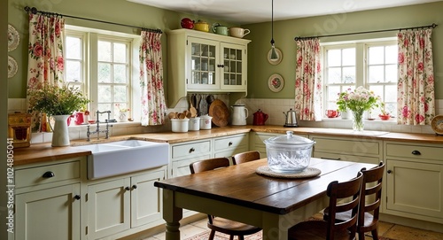 Cozy cottage kitchen with floral curtains a wooden table and vintage kitchenware on display