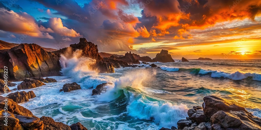 The ocean's fiery embrace, where crashing waves meet golden sunset skies, creating a symphony of nature's beauty. The ocean's fiery embrace, where crashing waves meet golden sunset skies, creating a symphony of nature's beauty.