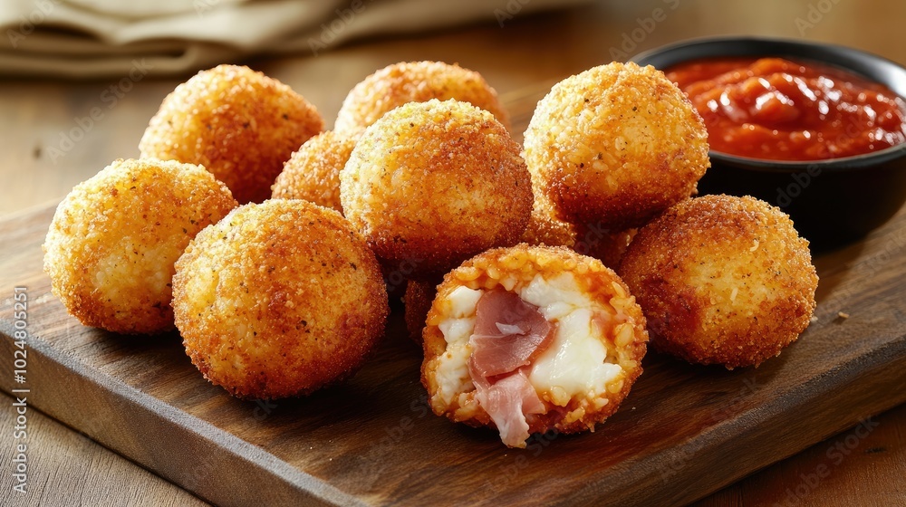 A tempting arrangement of golden-brown arancini rice balls, bursting with ham prosciutto and mozzarella, set on a wooden board with a side of marinara sauce for dipping. A tempting arrangement of golden-brown arancini rice balls, bursting with ham prosciutto and mozzarella, set on a wooden board with a side of marinara sauce for dipping.