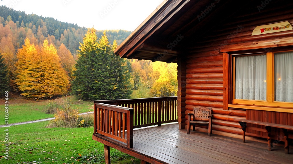 Wooden cabin with a porch overlooking a scenic forest in autumn.