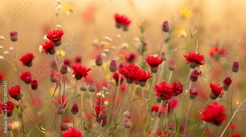 A field of red flowers with yellow flowers in the background