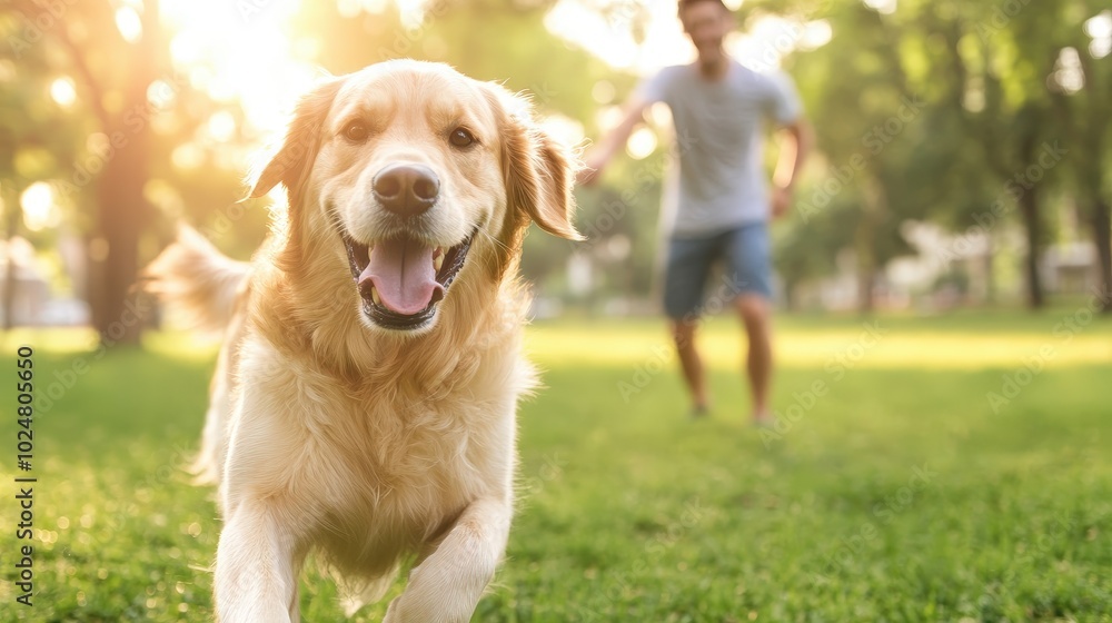 A joyful golden retriever runs towards its owner on a sunny afternoon in a lush green park during a playful outdoor activity A joyful golden retriever runs towards its owner on a sunny afternoon in a lush green park during a playful outdoor activity
