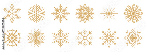 Snowflakes thin line icon. Christmas or New year winter snowfall symbol. Gold glitter collection. Editable stroke. Vector design elements