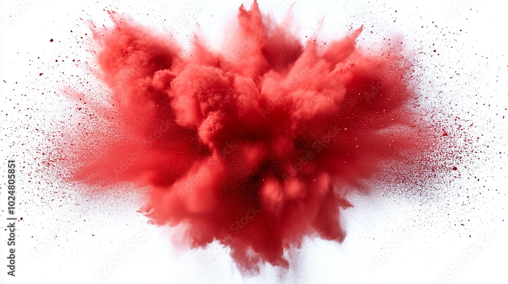 abstract image of a red powder explosion captured in mid-burst. The explosion should spread outwards symmetrically with dense clouds of red pigment radiating from the center