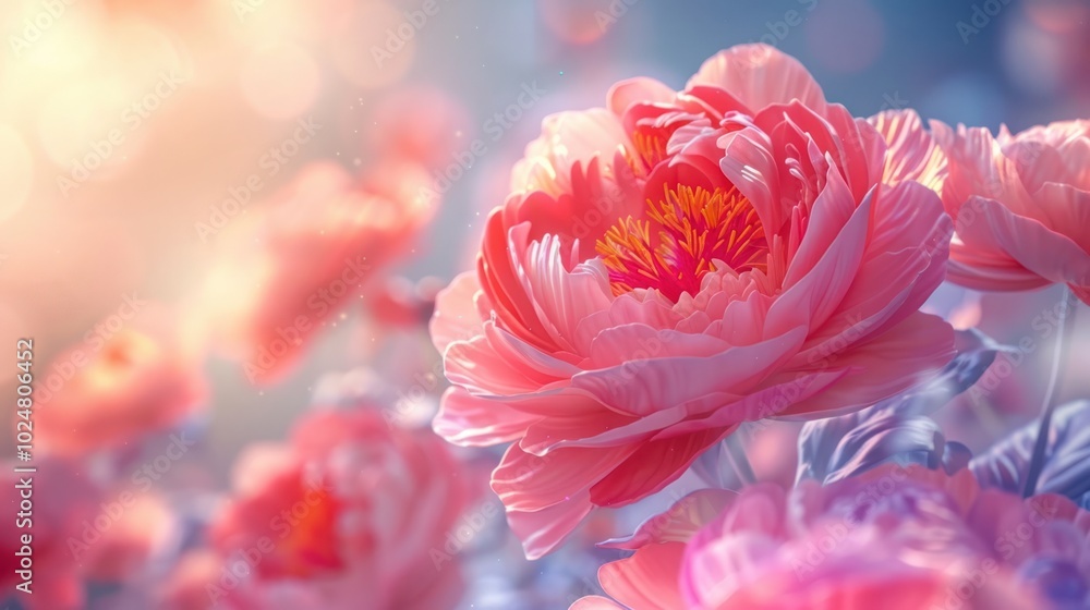 Stunning pink peonies blooming in soft focus against a dreamy romantic floral background  The delicate lush flowers exude a sense of natural beauty elegance and femininity  This close up