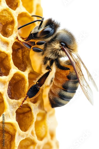 Close-up view of a honeybee on honeycomb showcasing intricate details in nature