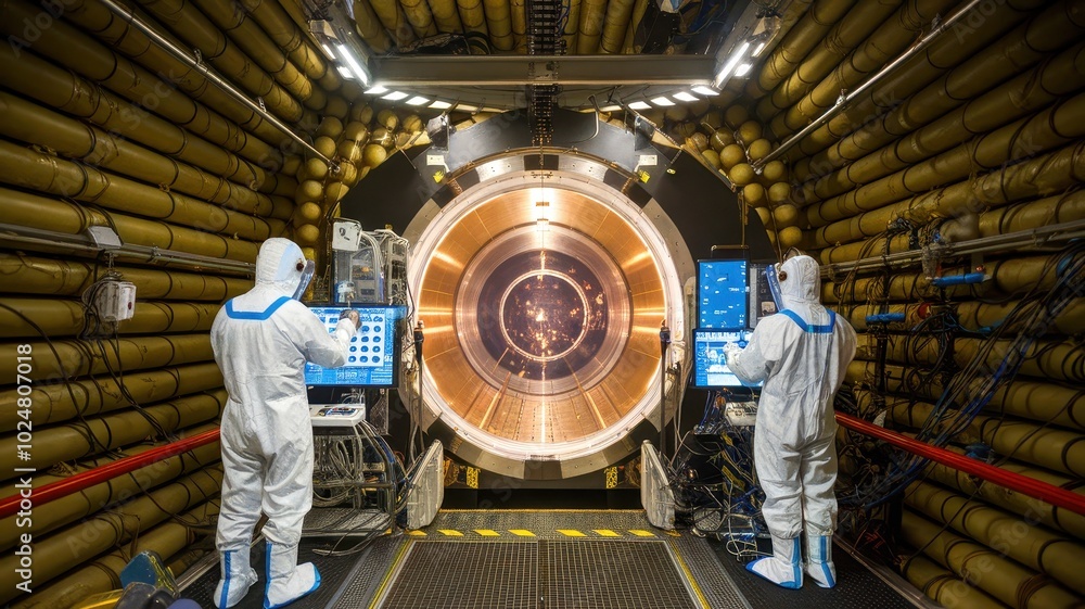 Obraz premium Futuristic control room with scientists in protective suits operating advanced machinery.