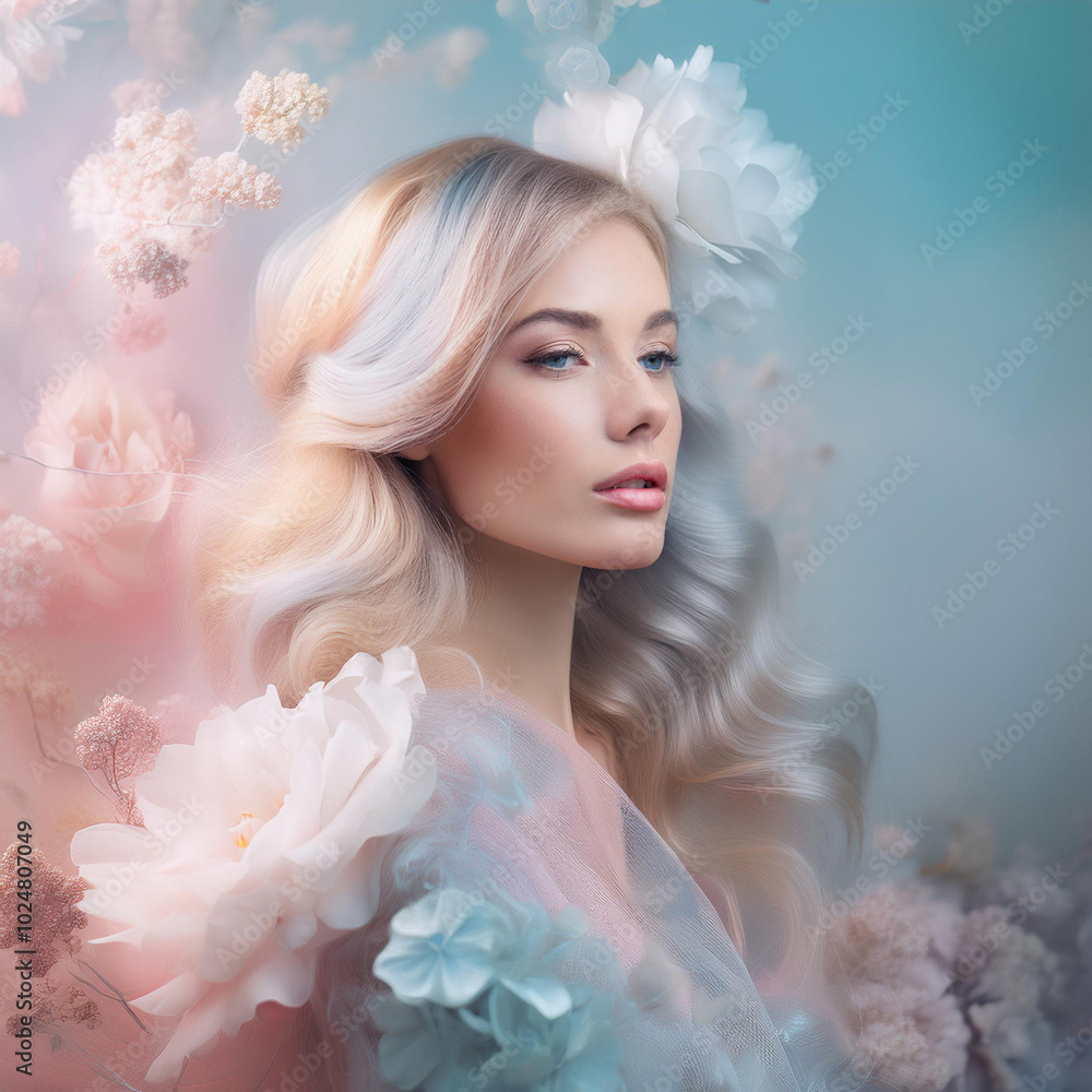 Dreamlike Woman in Pastel Cloudscape Dreamlike Woman in Pastel Cloudscape