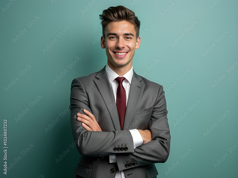 Handsome Young Businessman in Grey Suit with Arms Crossed, Professional Portrait Handsome Young Businessman in Grey Suit with Arms Crossed, Professional Portrait