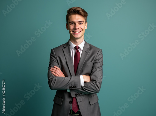 Handsome Young Businessman in Grey Suit with Arms Crossed, Professional Portrait