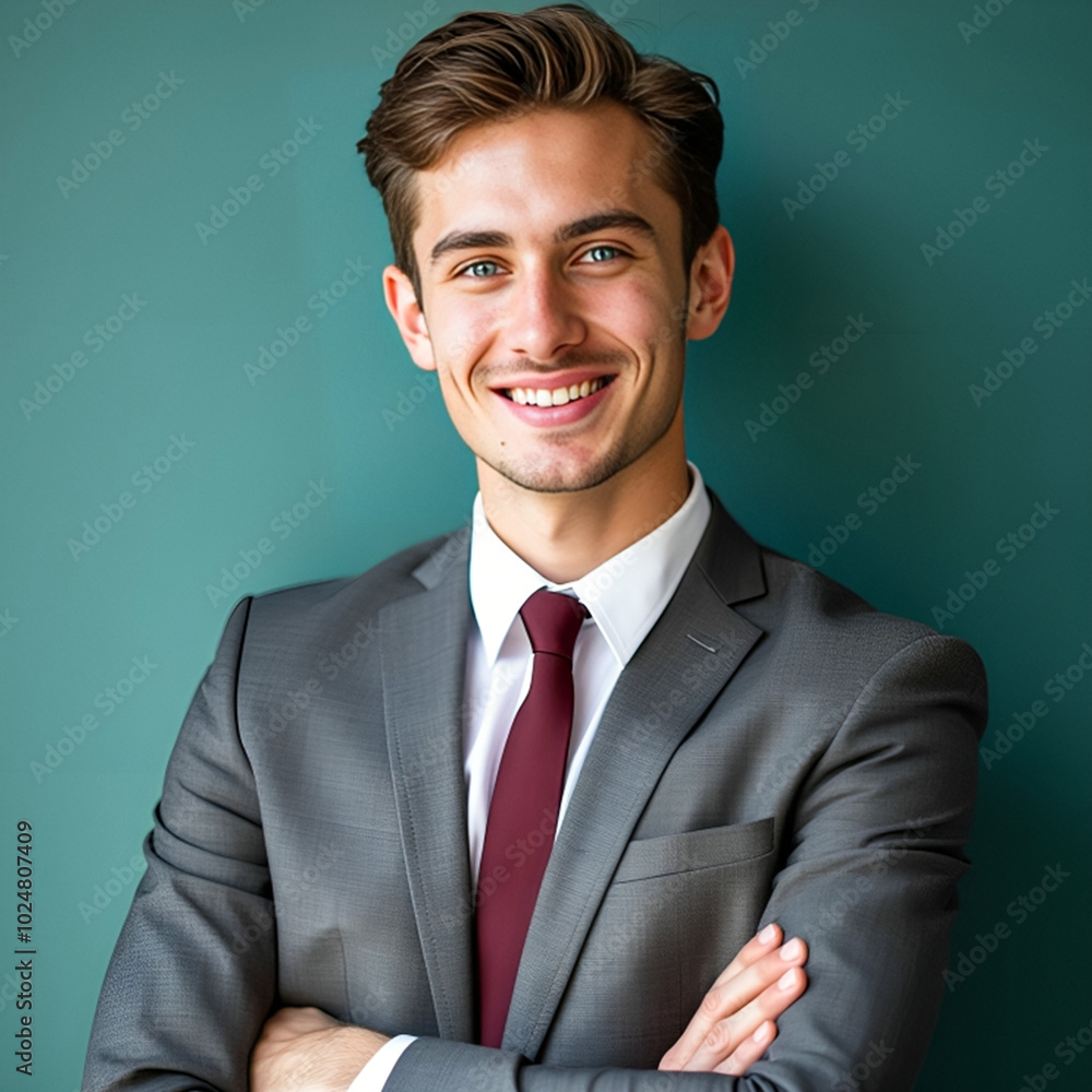 Handsome Young Businessman in Grey Suit with Arms Crossed, Professional Portrait Handsome Young Businessman in Grey Suit with Arms Crossed, Professional Portrait