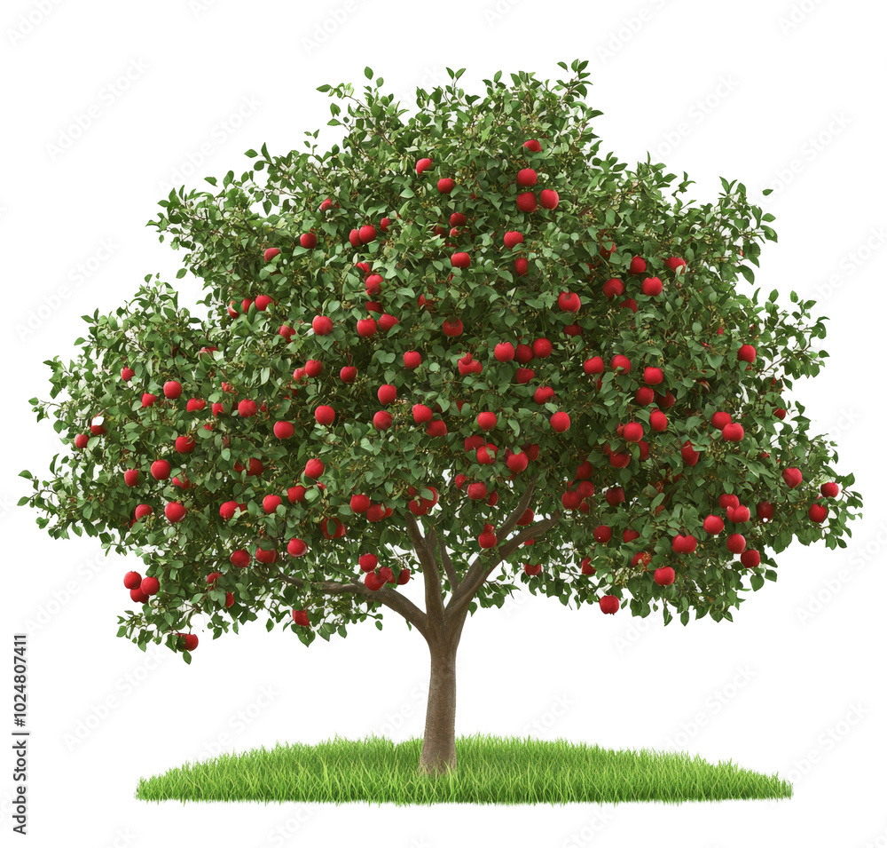 A vibrant apple tree covered in ripe red apples under clear skies in a lush green field A vibrant apple tree covered in ripe red apples under clear skies in a lush green field