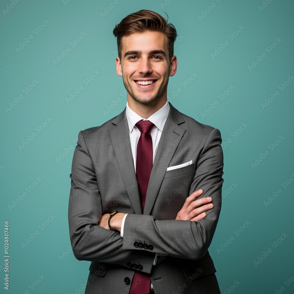 Handsome Young Businessman in Grey Suit with Arms Crossed, Professional Portrait Handsome Young Businessman in Grey Suit with Arms Crossed, Professional Portrait