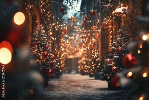 A magical winter alley adorned with festive lights and snow-covered trees, creating a cozy holiday atmosphere. photo