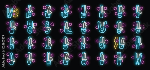 Set of neon hair styling icons glowing on dark background, collection of bright luminous signs