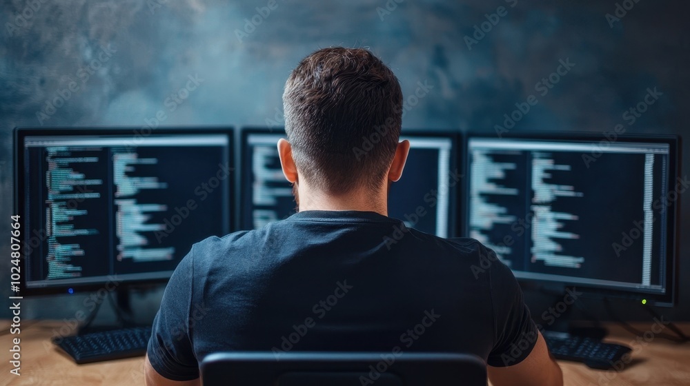 Person working on multiple computer screens with coding and data for software development. Person working on multiple computer screens with coding and data for software development.