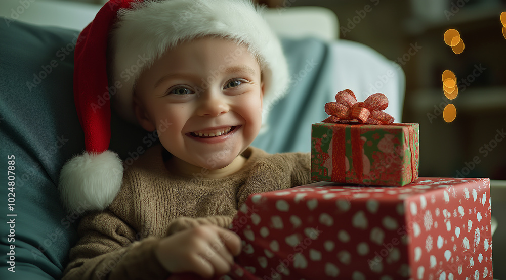 A happy, bald child in a hospital, receiving Christmas gifts from Santa Claus. A happy, bald child in a hospital, receiving Christmas gifts from Santa Claus.