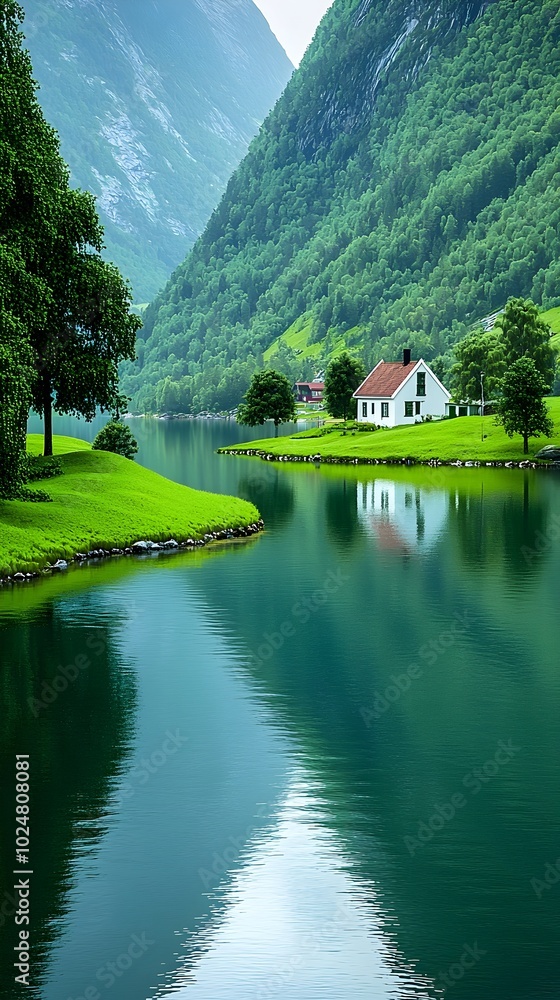 A tranquil scene of a white house nestled amongst lush greenery and a serene lake reflecting the surrounding mountains. A tranquil scene of a white house nestled amongst lush greenery and a serene lake reflecting the surrounding mountains.