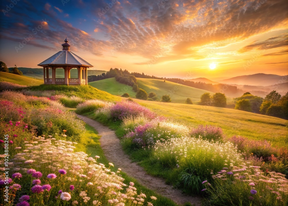 Fototapeta premium Architectural Photography of an Enchanting Meadow at Dusk with Serene Hues