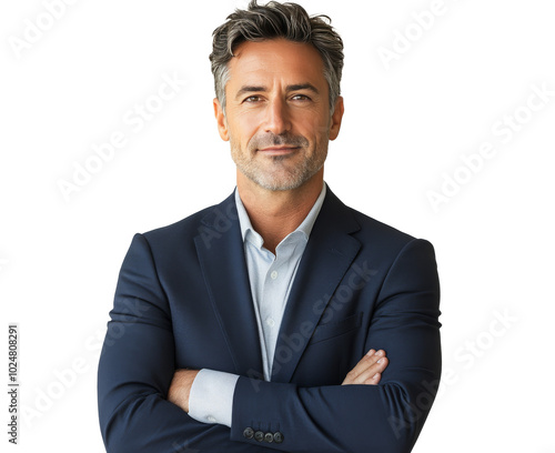 A man in a navy suit and light shirt stands with arms crossed, exuding confid...