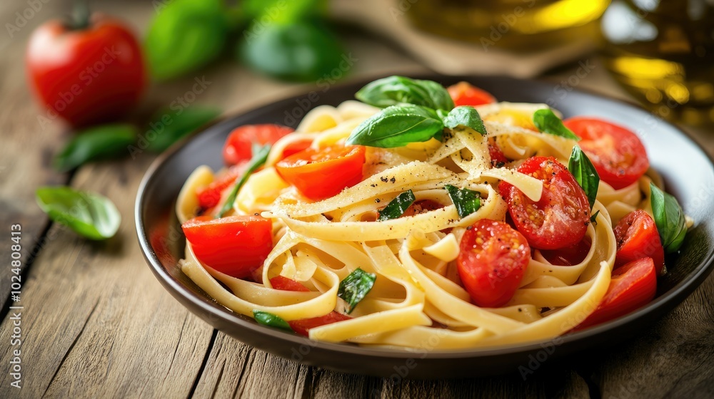 A vibrant plate of delicious pasta tossed with ripe tomatoes and fresh basil, drizzled with olive oil, beautifully styled on a rustic wooden table, inviting the viewer to enjoy its colorful appeal. A vibrant plate of delicious pasta tossed with ripe tomatoes and fresh basil, drizzled with olive oil, beautifully styled on a rustic wooden table, inviting the viewer to enjoy its colorful appeal.