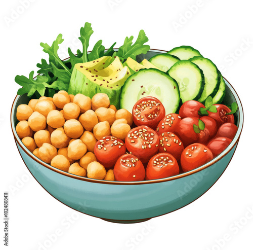 Fresh and colorful salad bowl with chickpeas, cucumbers, tomatoes, and greens