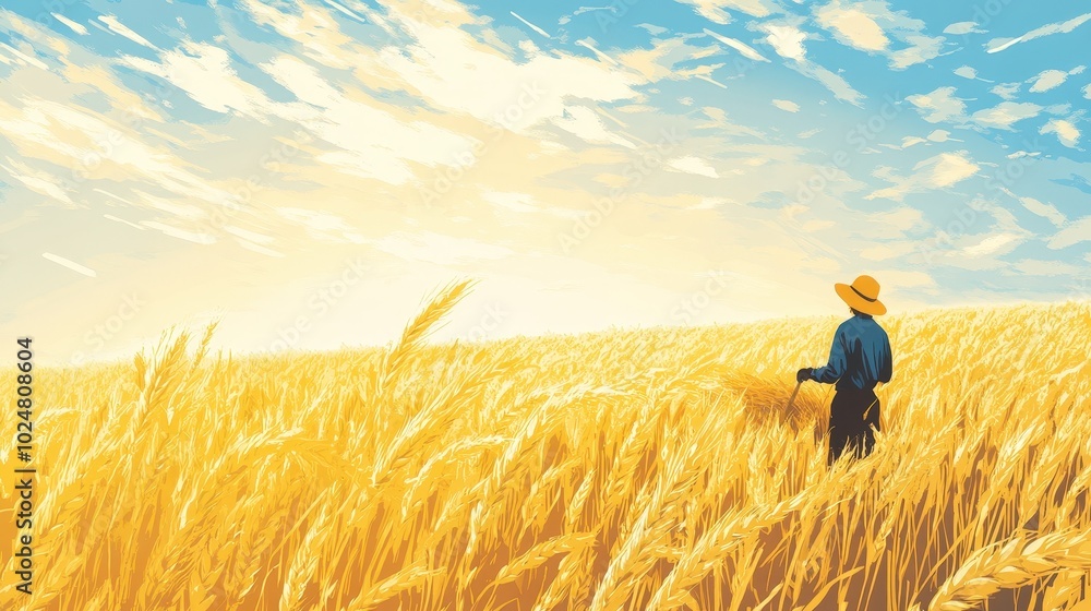 A lone figure stands in a golden wheat field during sunset, capturing the tranquility of rural life and nature's beauty A lone figure stands in a golden wheat field during sunset, capturing the tranquility of rural life and nature's beauty