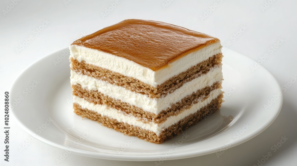 A visually appealing square slice of Medovik honey cake with creamy sour cream layers, neatly placed on a white plate, isolated for a sophisticated dessert presentation. A visually appealing square slice of Medovik honey cake with creamy sour cream layers, neatly placed on a white plate, isolated for a sophisticated dessert presentation.