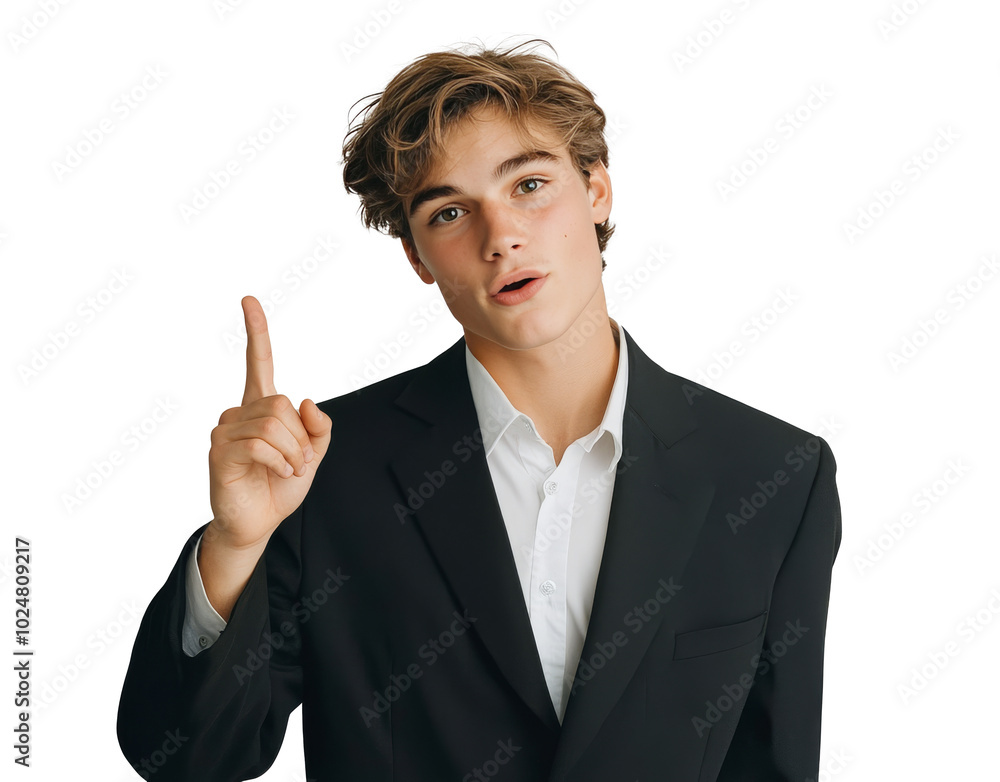 Young man in a suit gestures confidently while standing against a plain wall indoors Young man in a suit gestures confidently while standing against a plain wall indoors