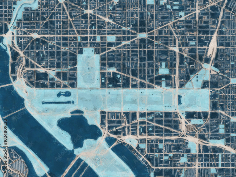 Obraz premium Painterly Style City Map of Washington Center District of Columbia, USA in a Blue Color Scheme.