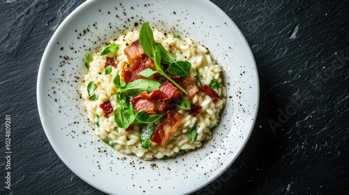 A visually striking top view of risotto adorned with crispy bacon bits and fresh greens, served in a white dish, beautifully contrasting against a dark slate background for emphasis. -