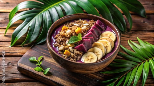 Low Light Photography of Brazilian Acai Bowl with Banana and Granola for Healthy Eating