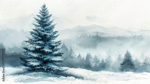 A tranquil snowy landscape features a lone evergreen tree amidst soft winter mist in the mountains. Generative AI