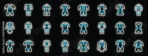 Set of diving suit glowing neon icons with different styles and for all genders