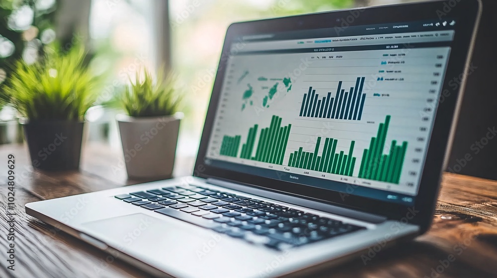 Focused professional reviewing charts on a laptop during a video conference Stock Photo with side copy space Focused professional reviewing charts on a laptop during a video conference Stock Photo with side copy space