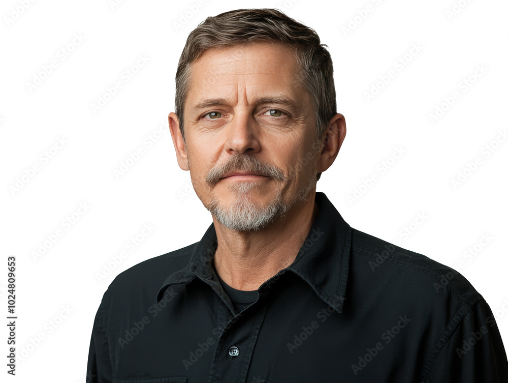 Portrait of a mature man with a beard wearing a black shirt against a neutral background