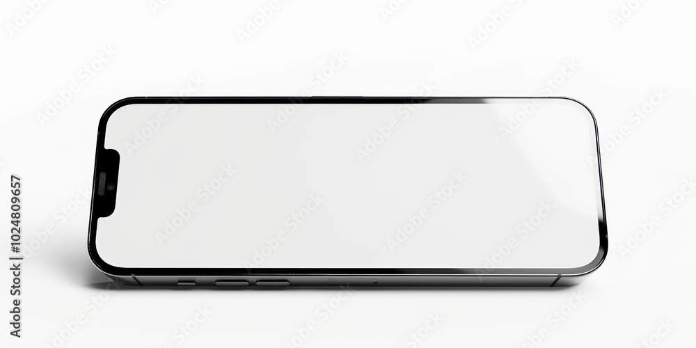 Horizontal black smartphone with a blank screen on white background. Concept of technology, device mockup, and copy space for design. Horizontal black smartphone with a blank screen on white background. Concept of technology, device mockup, and copy space for design.
