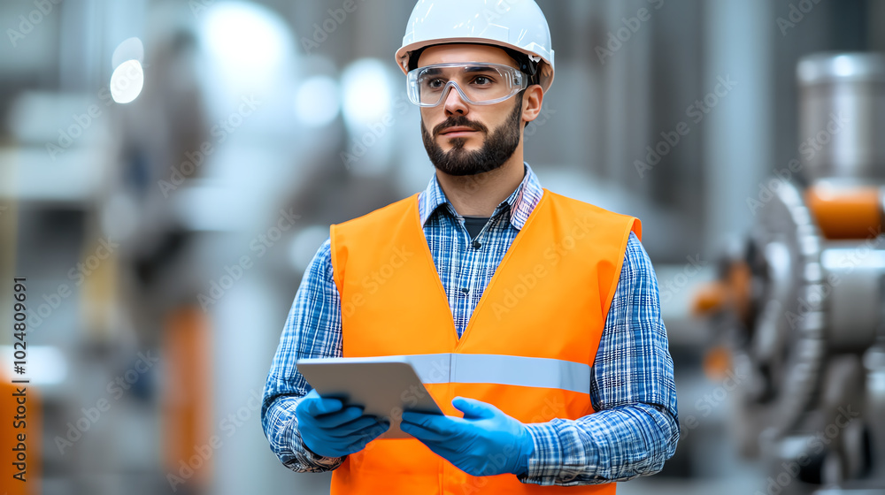 A focused worker in a safety vest and helmet, holding a tablet in an industrial setting, showcasing safety and technology in the workplace. A focused worker in a safety vest and helmet, holding a tablet in an industrial setting, showcasing safety and technology in the workplace.