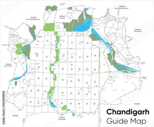 Chandigarh detaileed guide map vector. Capital of punjab and haryana. White map layout of Union territory with lake, sectors, and colonies