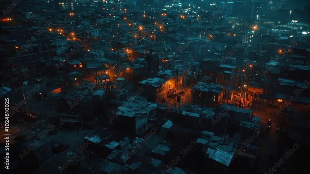 Fototapeta premium An aerial view of a densely populated urban area at night, illuminated by streetlights.